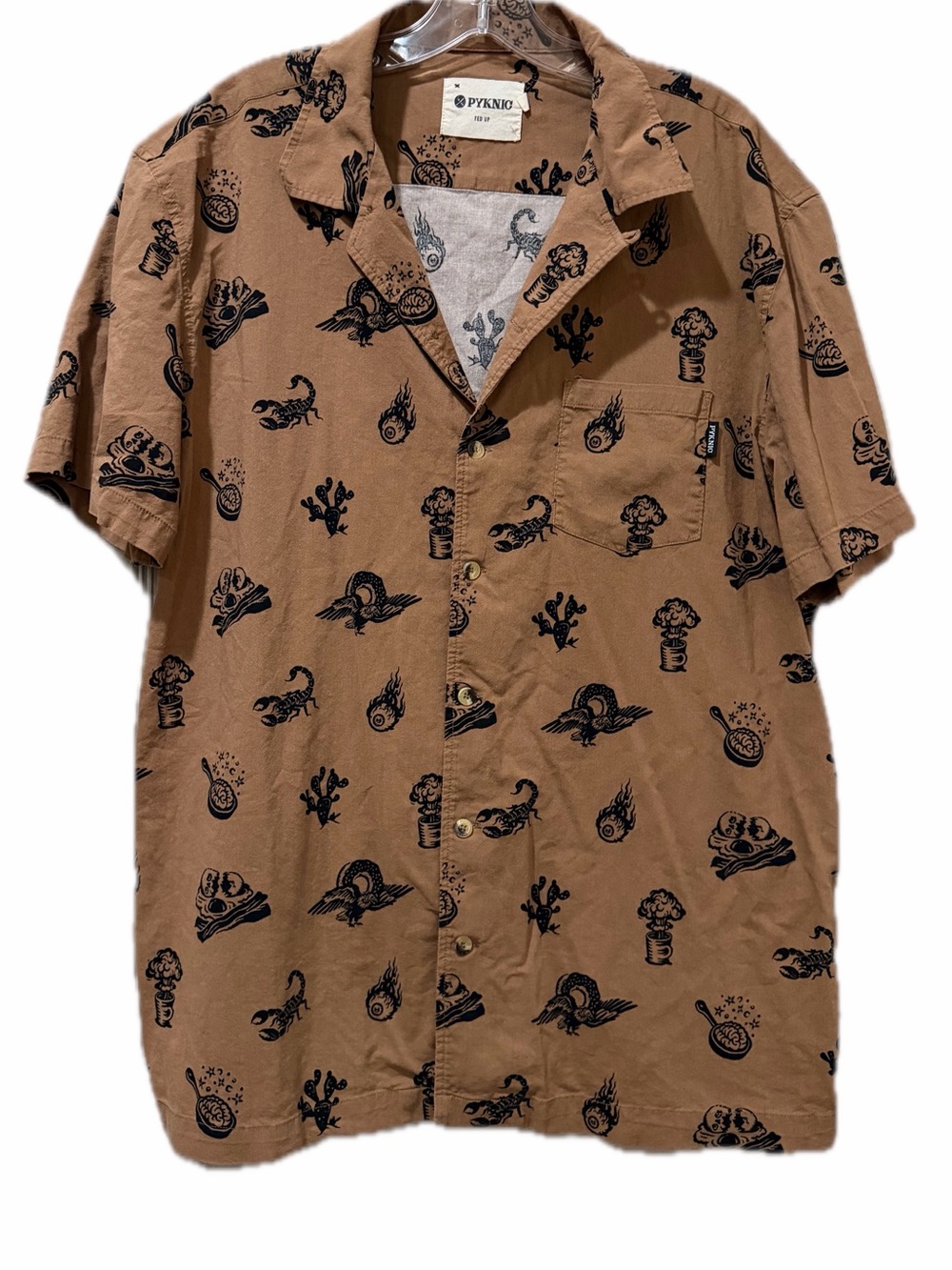 Pyknic XL Brain Fried Tan Brown Button Down Short Sleeve Cotton Shirt B12